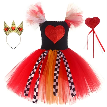 Kızlar Cadılar Bayramı Kostüm Sevimli Kırmızı Kalp Prenses Elbise Bebek Kız Tutu Elbise Çocuklar Cosplay Kraliçe Kostümleri Tatil Parti Elbise Seti
